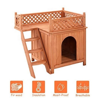 Abrigo de madeira da casa do animal de estimação do cão de cachorrinho com o exterior interno do balcão das escadas