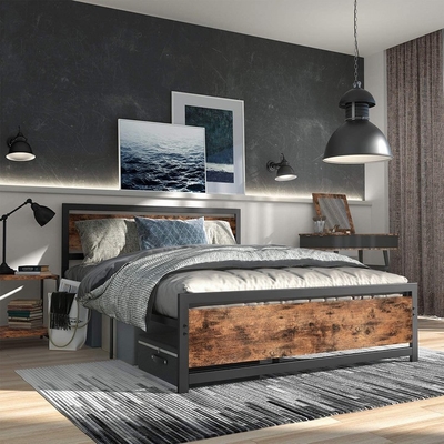 Rei de madeira Industrial Style do quadro da cama do ferro da pensão da mobília do metal do hotel do ODM